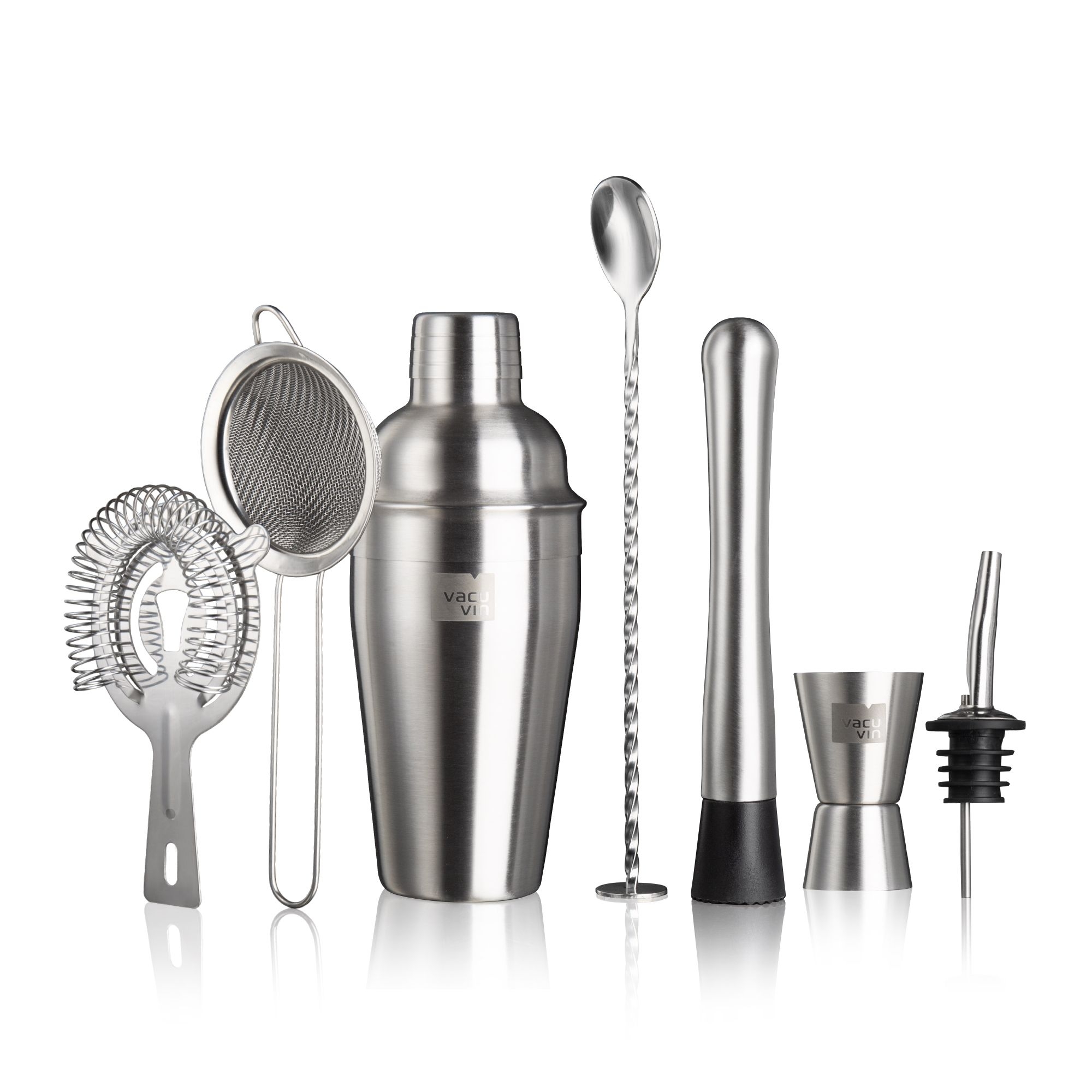 Cocktail Set von 7 Stk. Shaker Doppelmesserbecher Stössel Cocktail Löffel Feinsieb Hawthorne Barsieb Flaschenausgiesser Flasche, Shaker, Besteck, Löffel