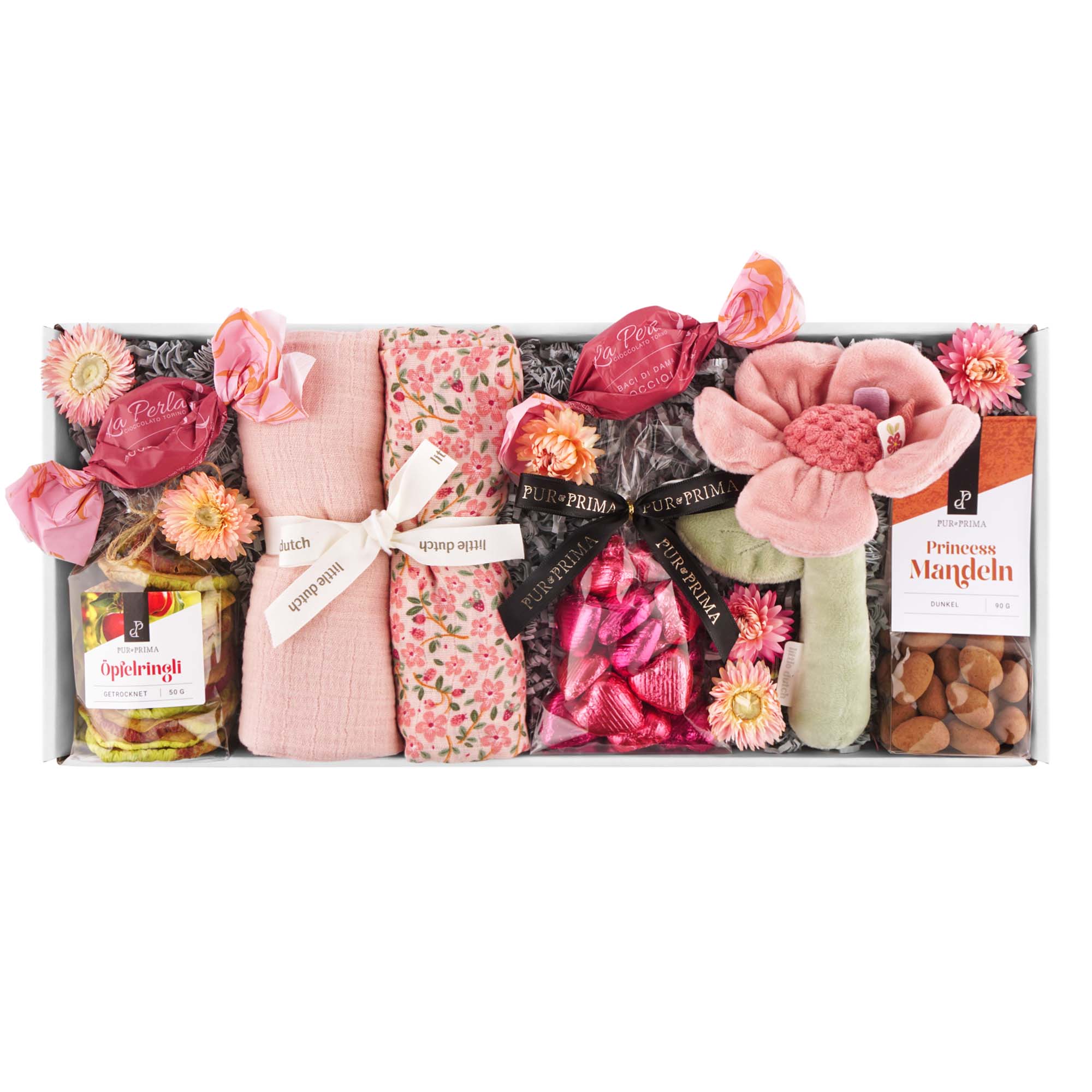  makeup set,  pink scarf,  flower elements,  gift box,  almonds