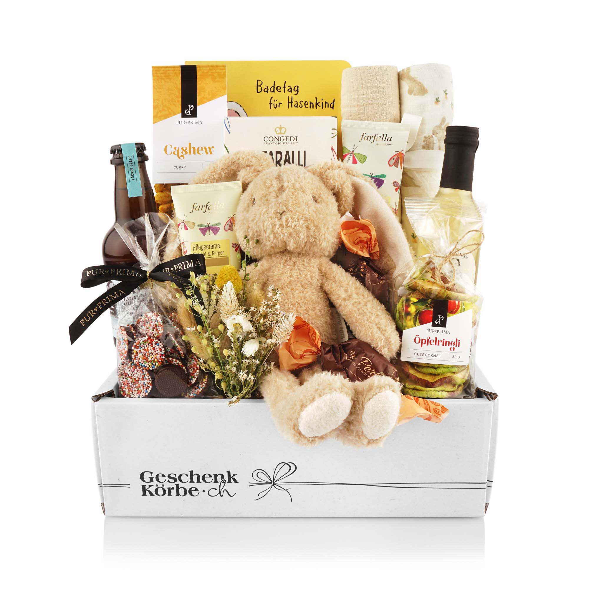 Geschenkkorb, Baby-Proteins, Teddybär, Snacks, Getränke