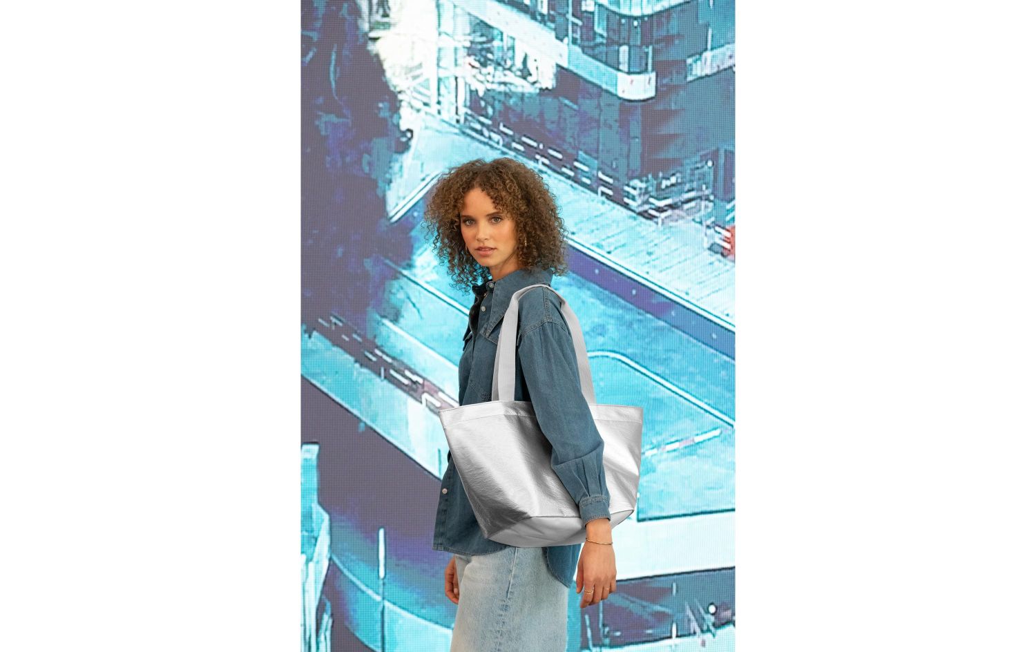 Tasche, Große Tote, Lederoptik, Silber, Ensembles