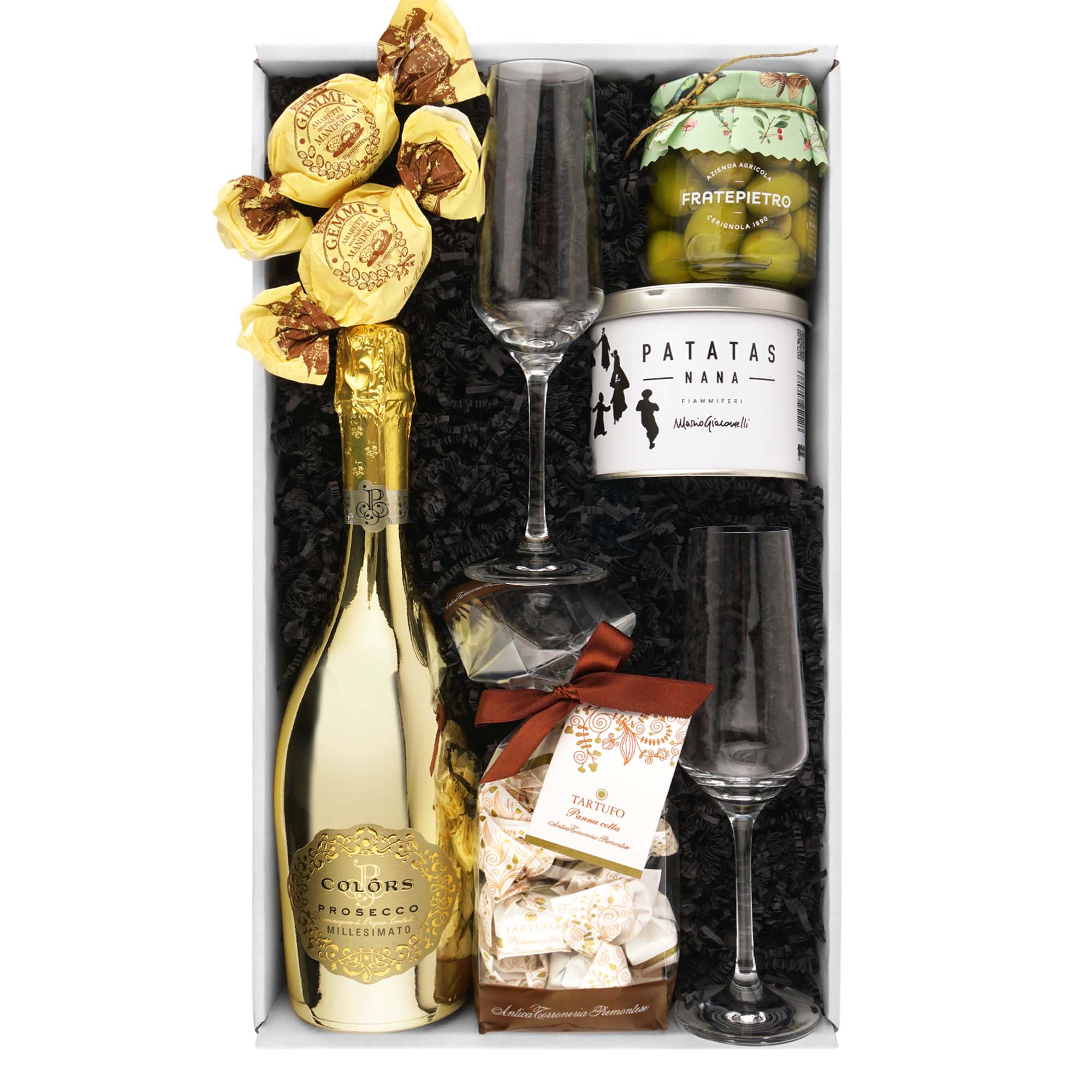 Geschenkkorb "Millesimato" Flasche, Schnaps, Wein, Weinflasche, Glas